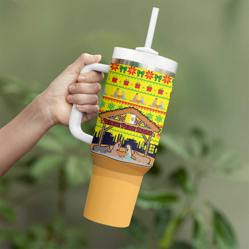 Vatican Christmas Tumbler With Handle with Bethlehem Silhouette Yellow Red Green Pattern and Baby Jesus Manger - Wonder Print Shop