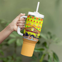Vatican Christmas Tumbler With Handle with Bethlehem Silhouette Yellow Red Green Pattern and Baby Jesus Manger - Wonder Print Shop