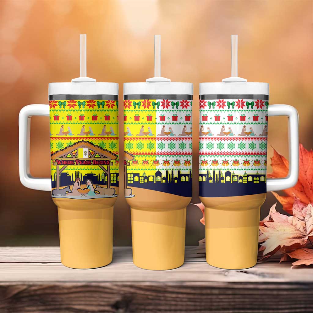 Vatican Christmas Tumbler With Handle with Bethlehem Silhouette Yellow Red Green Pattern and Baby Jesus Manger - Wonder Print Shop
