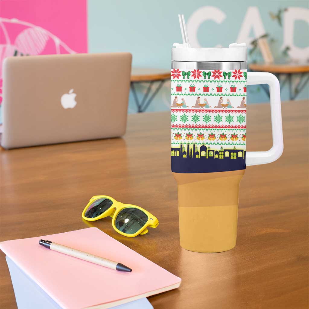 Vatican Christmas Tumbler With Handle with Bethlehem Silhouette Yellow Red Green Pattern and Baby Jesus Manger - Wonder Print Shop