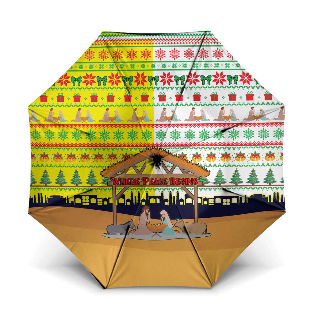 Vatican Christmas Umbrella with Bethlehem Silhouette Yellow Red Green Pattern and Baby Jesus Manger - Wonder Print Shop