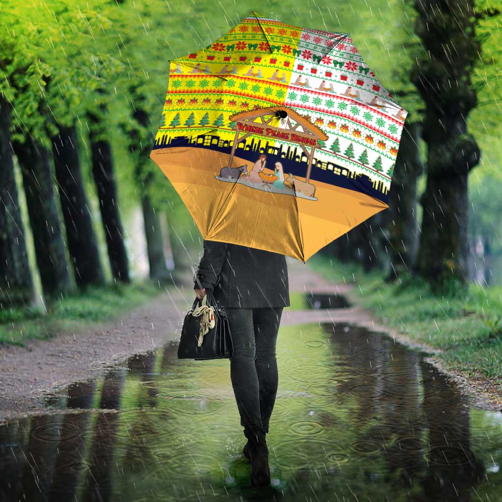Vatican Christmas Umbrella with Bethlehem Silhouette Yellow Red Green Pattern and Baby Jesus Manger - Wonder Print Shop