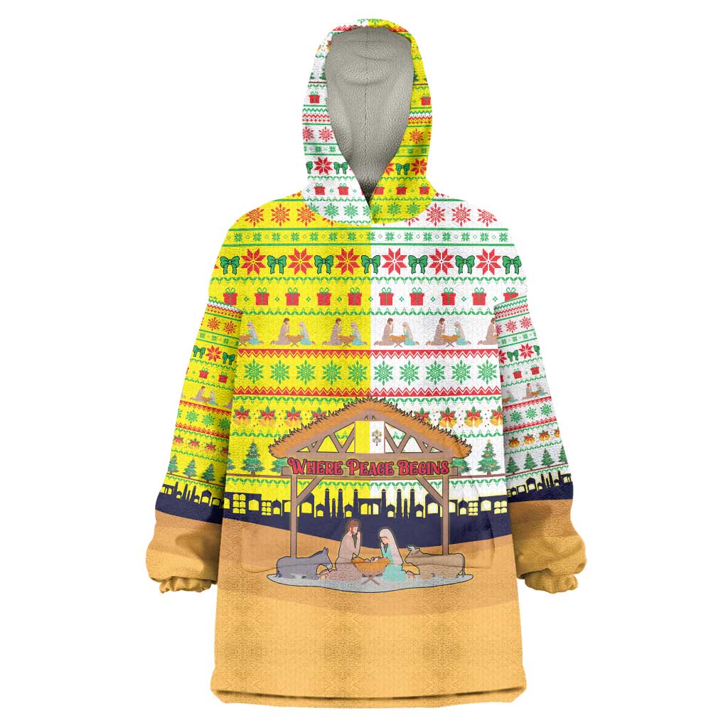 Vatican Christmas Wearable Blanket Hoodie with Bethlehem Silhouette Yellow Red Green Pattern and Baby Jesus Manger - Wonder Print Shop