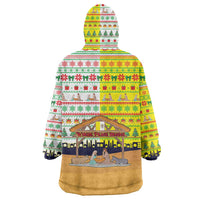Vatican Christmas Wearable Blanket Hoodie with Bethlehem Silhouette Yellow Red Green Pattern and Baby Jesus Manger - Wonder Print Shop