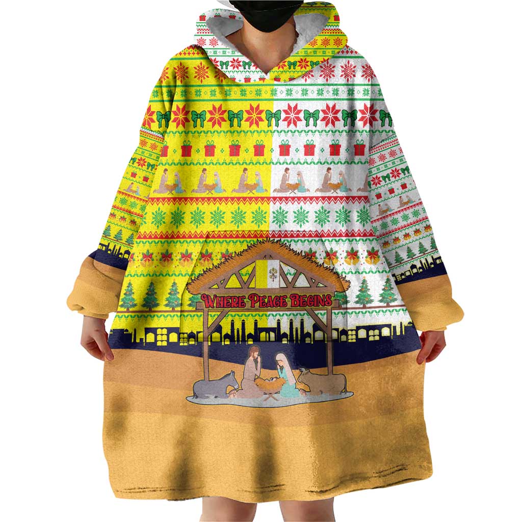 Vatican Christmas Wearable Blanket Hoodie with Bethlehem Silhouette Yellow Red Green Pattern and Baby Jesus Manger - Wonder Print Shop