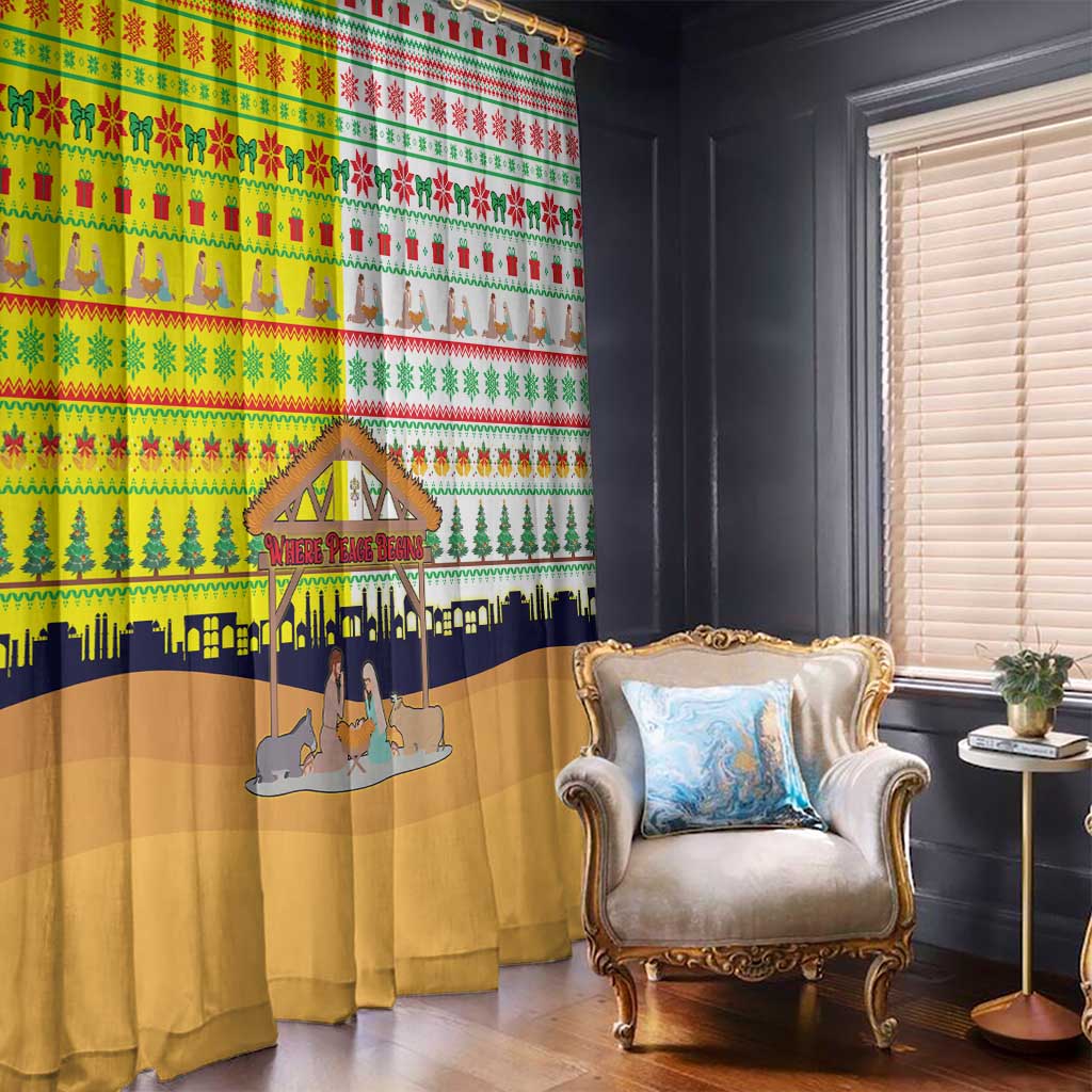 Vatican Christmas Window Curtain with Bethlehem Silhouette Yellow Red Green Pattern and Baby Jesus Manger - Wonder Print Shop