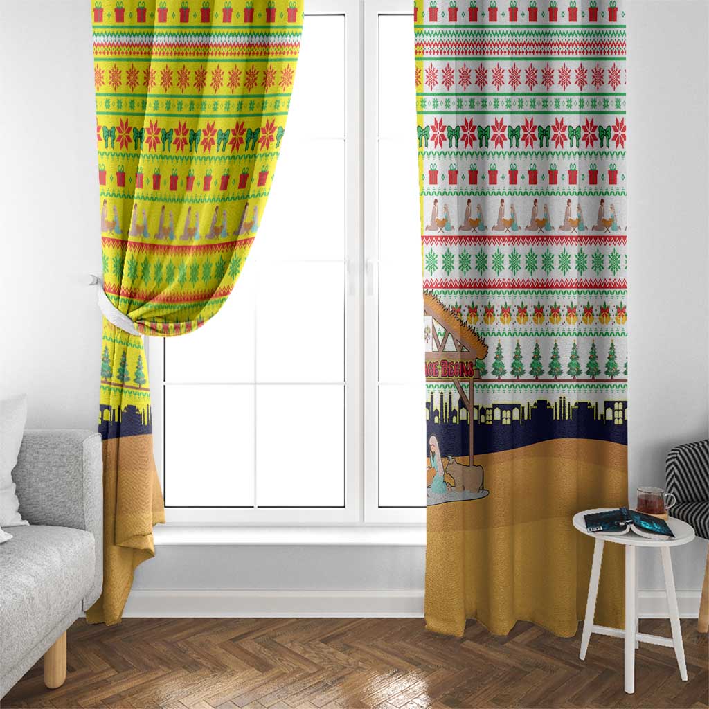 Vatican Christmas Window Curtain with Bethlehem Silhouette Yellow Red Green Pattern and Baby Jesus Manger - Wonder Print Shop