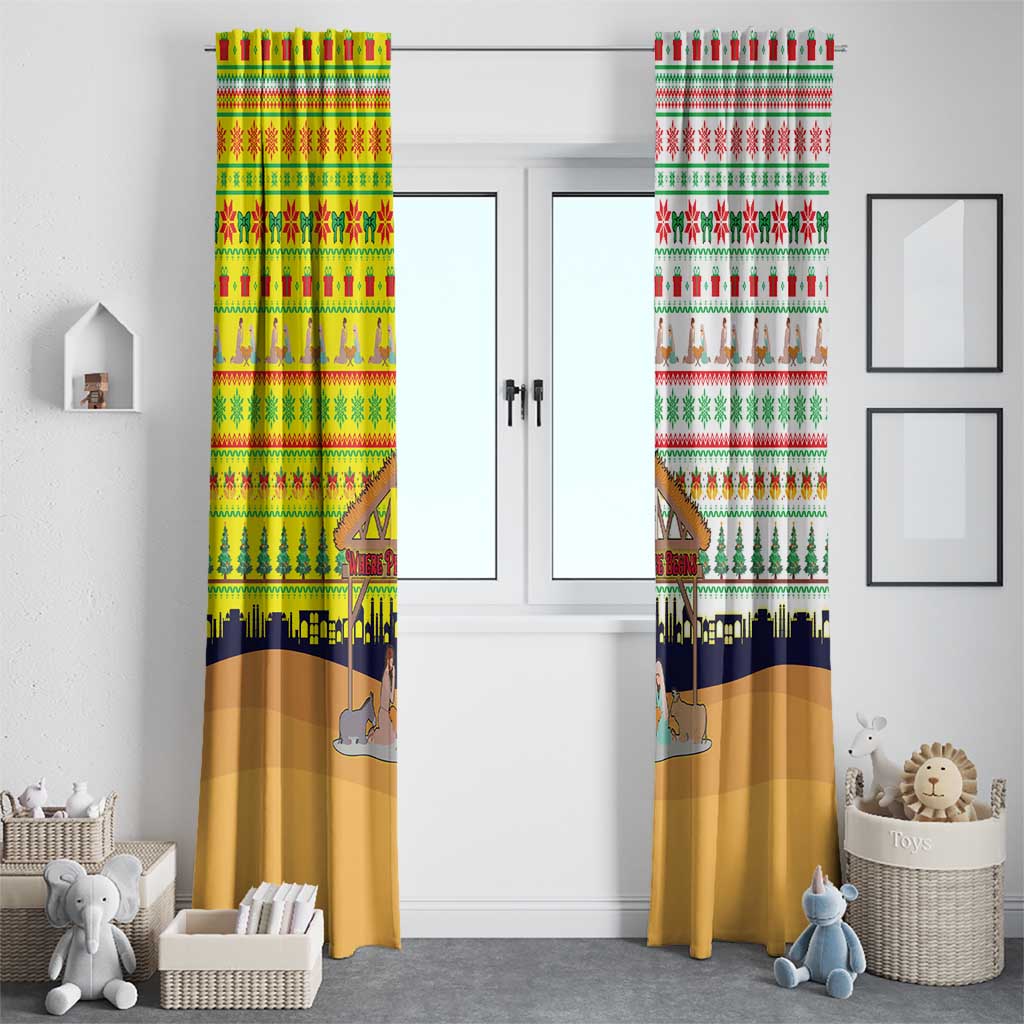 Vatican Christmas Window Curtain with Bethlehem Silhouette Yellow Red Green Pattern and Baby Jesus Manger - Wonder Print Shop