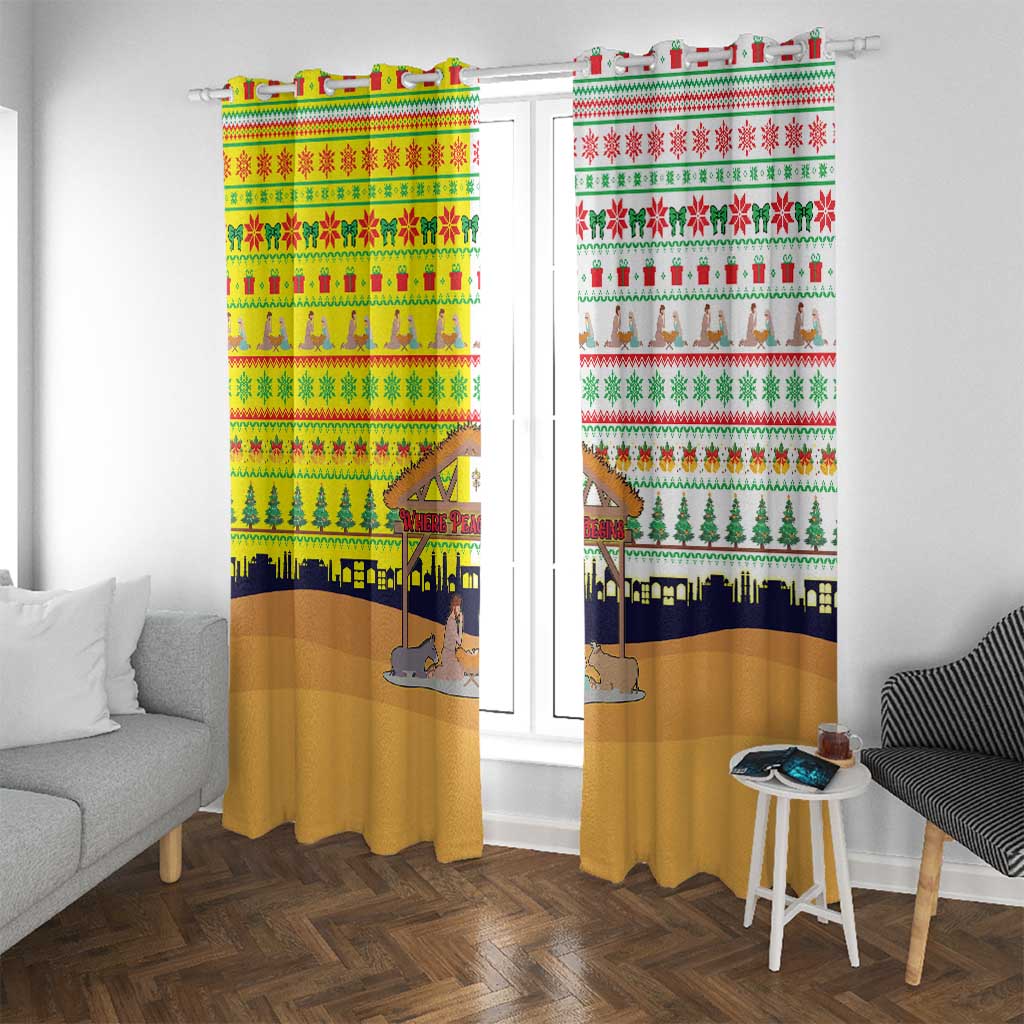Vatican Christmas Window Curtain with Bethlehem Silhouette Yellow Red Green Pattern and Baby Jesus Manger - Wonder Print Shop