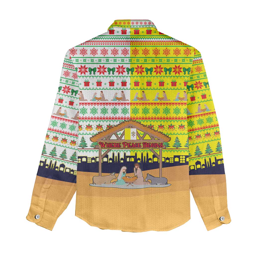 Vatican Christmas Women Casual Shirt with Bethlehem Silhouette Yellow Red Green Pattern and Baby Jesus Manger - Wonder Print Shop