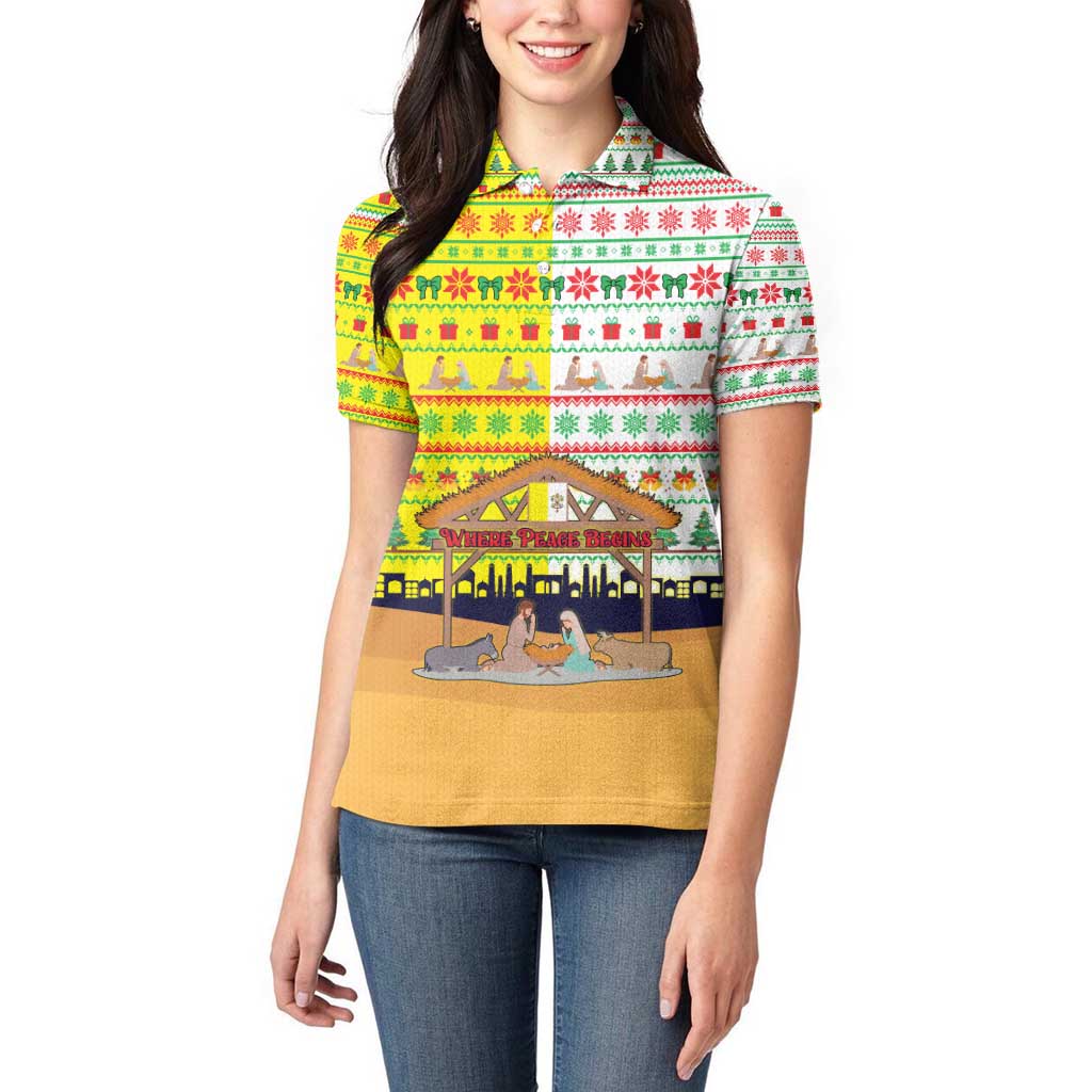Vatican Christmas Women Polo Shirt with Bethlehem Silhouette Yellow Red Green Pattern and Baby Jesus Manger - Wonder Print Shop