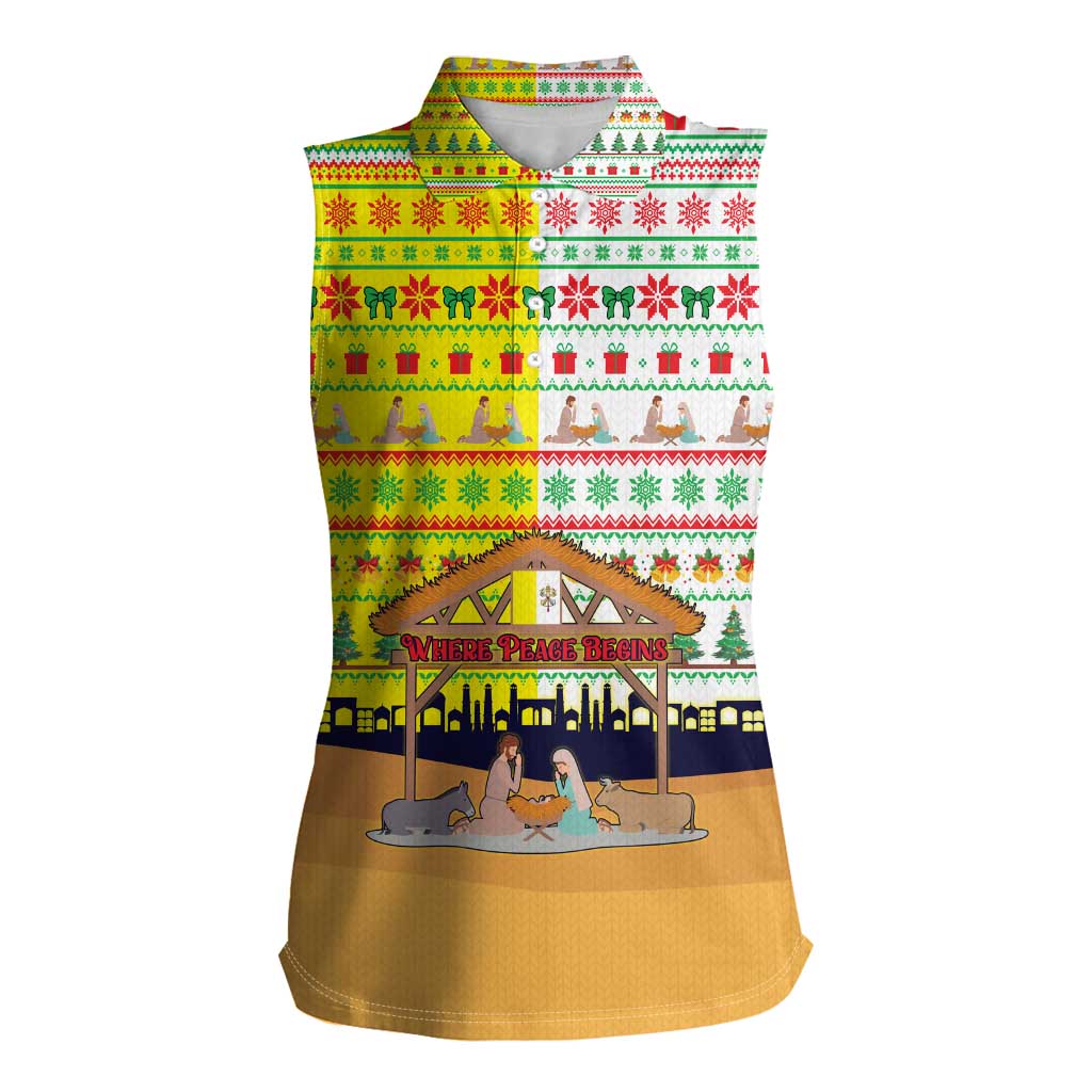 Vatican Christmas Women Sleeveless Polo Shirt with Bethlehem Silhouette Yellow Red Green Pattern and Baby Jesus Manger - Wonder Print Shop