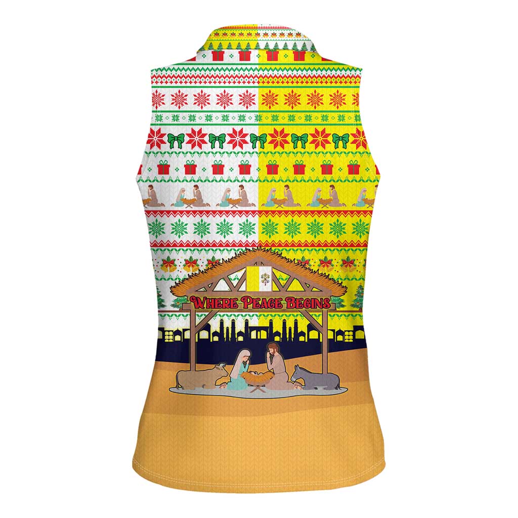 Vatican Christmas Women Sleeveless Polo Shirt with Bethlehem Silhouette Yellow Red Green Pattern and Baby Jesus Manger - Wonder Print Shop