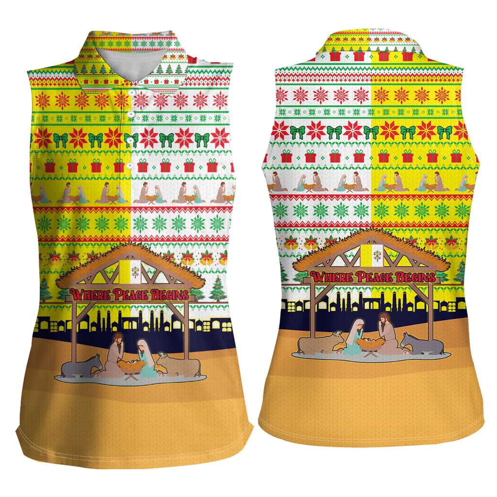 Vatican Christmas Women Sleeveless Polo Shirt with Bethlehem Silhouette Yellow Red Green Pattern and Baby Jesus Manger - Wonder Print Shop