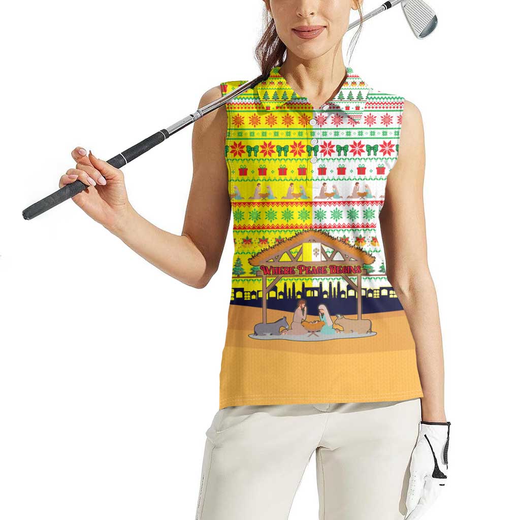 Vatican Christmas Women Sleeveless Polo Shirt with Bethlehem Silhouette Yellow Red Green Pattern and Baby Jesus Manger - Wonder Print Shop