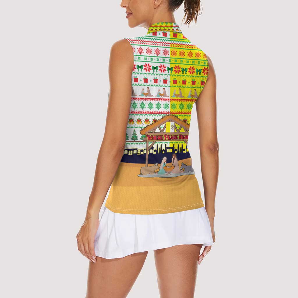 Vatican Christmas Women Sleeveless Polo Shirt with Bethlehem Silhouette Yellow Red Green Pattern and Baby Jesus Manger - Wonder Print Shop