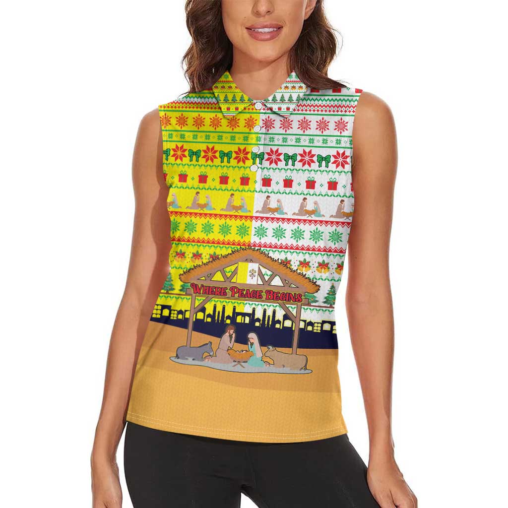 Vatican Christmas Women Sleeveless Polo Shirt with Bethlehem Silhouette Yellow Red Green Pattern and Baby Jesus Manger - Wonder Print Shop