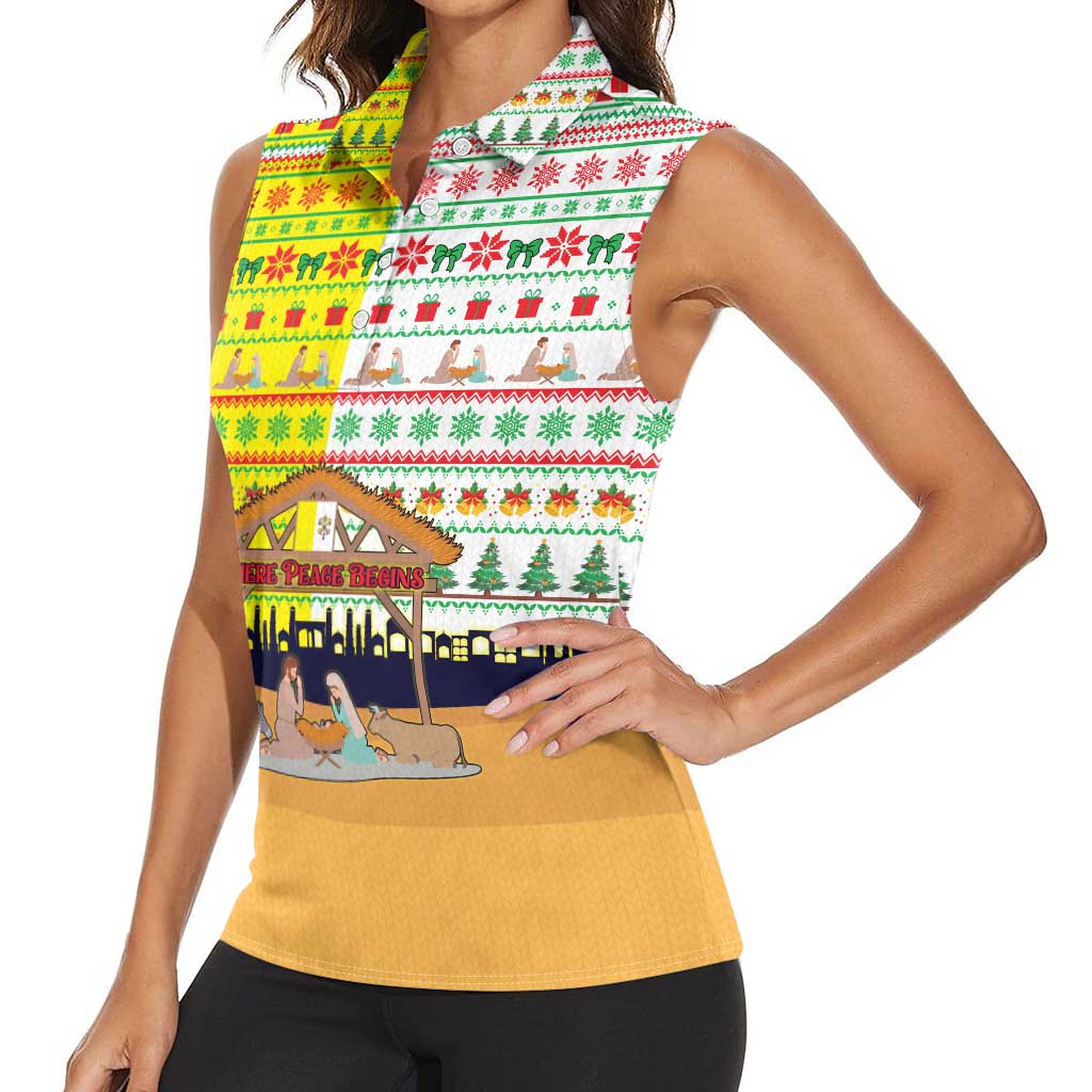 Vatican Christmas Women Sleeveless Polo Shirt with Bethlehem Silhouette Yellow Red Green Pattern and Baby Jesus Manger - Wonder Print Shop