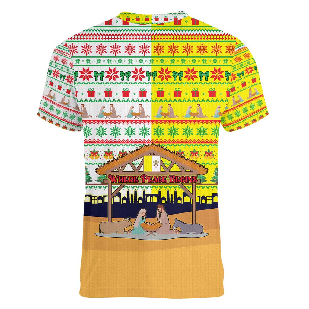 Vatican Christmas Women V-Neck T-Shirt with Bethlehem Silhouette Yellow Red Green Pattern and Baby Jesus Manger - Wonder Print Shop