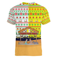 Vatican Christmas Women V-Neck T-Shirt with Bethlehem Silhouette Yellow Red Green Pattern and Baby Jesus Manger - Wonder Print Shop