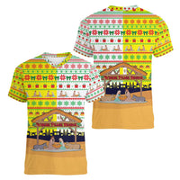 Vatican Christmas Women V-Neck T-Shirt with Bethlehem Silhouette Yellow Red Green Pattern and Baby Jesus Manger - Wonder Print Shop