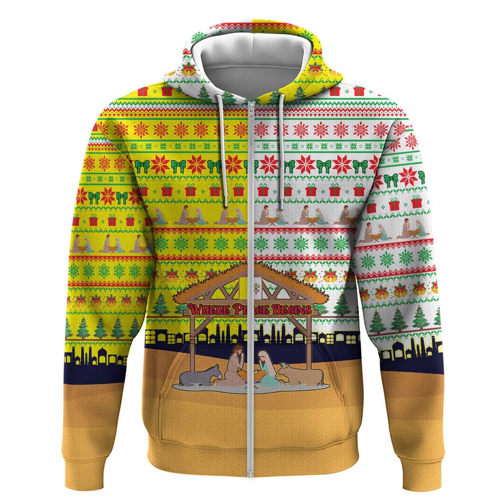 Vatican Christmas Zip Hoodie with Bethlehem Silhouette Yellow Red Green Pattern and Baby Jesus Manger - Wonder Print Shop