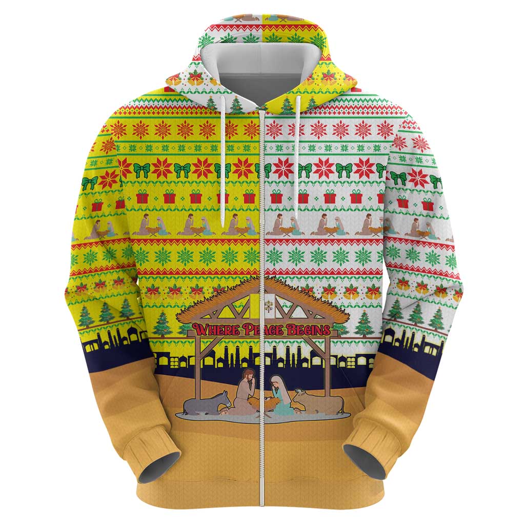 Vatican Christmas Zip Hoodie with Bethlehem Silhouette Yellow Red Green Pattern and Baby Jesus Manger - Wonder Print Shop