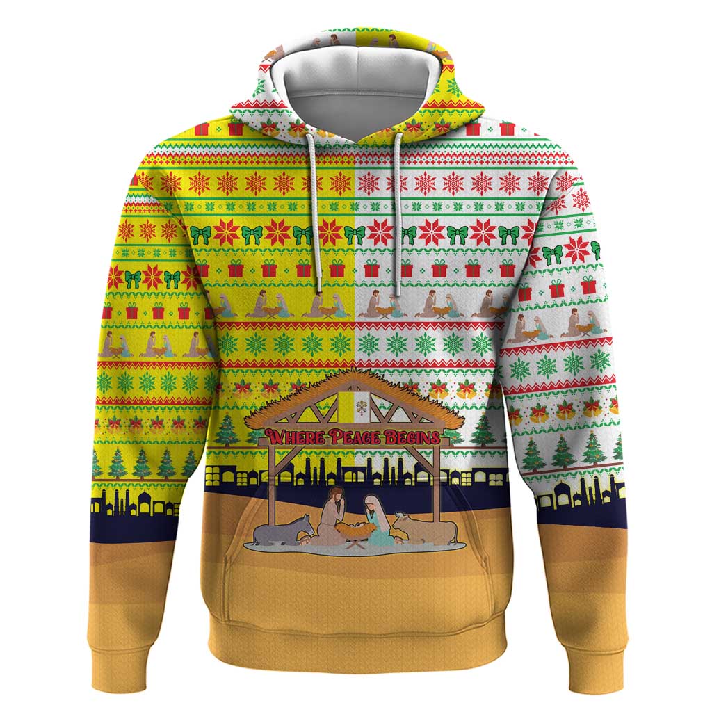 Vatican Christmas Zip Hoodie with Bethlehem Silhouette Yellow Red Green Pattern and Baby Jesus Manger - Wonder Print Shop