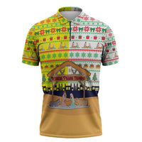 Vatican Christmas Zipper Polo Shirt with Bethlehem Silhouette Yellow Red Green Pattern and Baby Jesus Manger - Wonder Print Shop