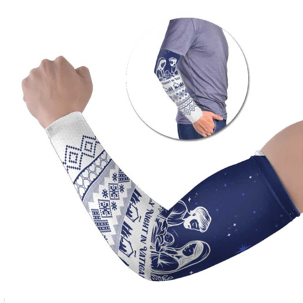 Vatican Christmas Arm Sleeves with Holy Family Nativity Scene Snowflake Pattern and Starry Night - Wonder Print Shop