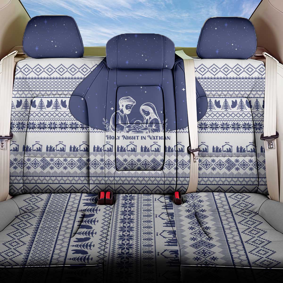 Vatican Christmas Back Car Seat Cover with Holy Family Nativity Scene Snowflake Pattern and Starry Night - Wonder Print Shop