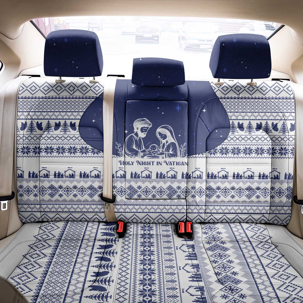 Vatican Christmas Back Car Seat Cover with Holy Family Nativity Scene Snowflake Pattern and Starry Night - Wonder Print Shop