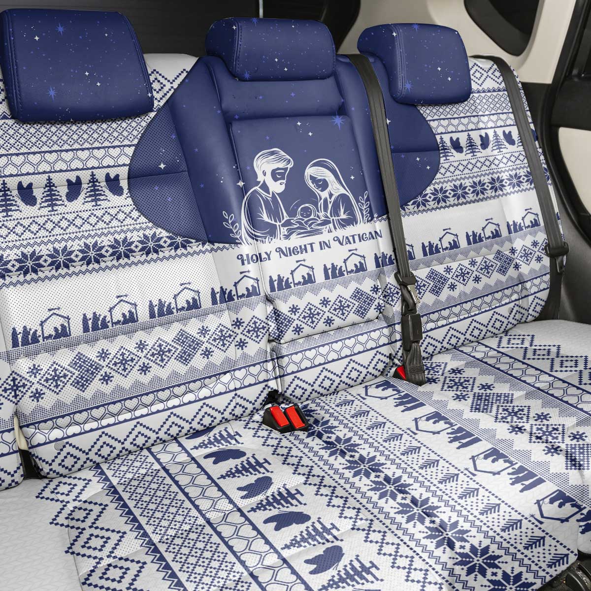 Vatican Christmas Back Car Seat Cover with Holy Family Nativity Scene Snowflake Pattern and Starry Night - Wonder Print Shop