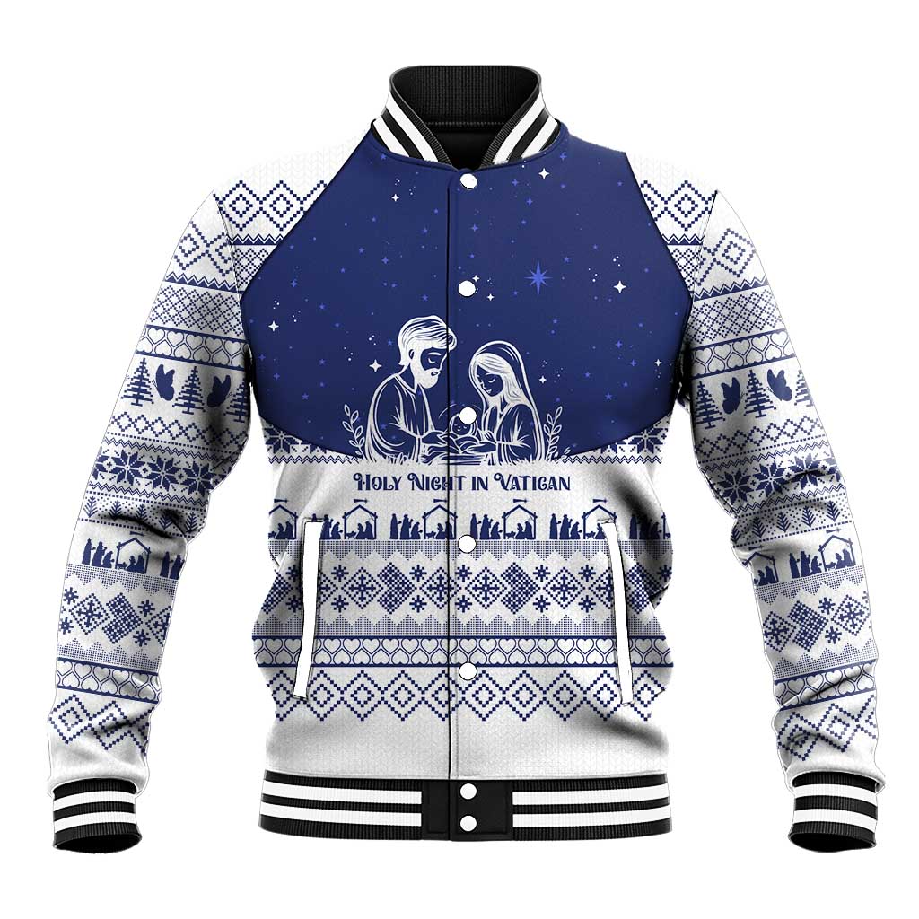 Vatican Christmas Baseball Jacket with Holy Family Nativity Scene Snowflake Pattern and Starry Night - Wonder Print Shop