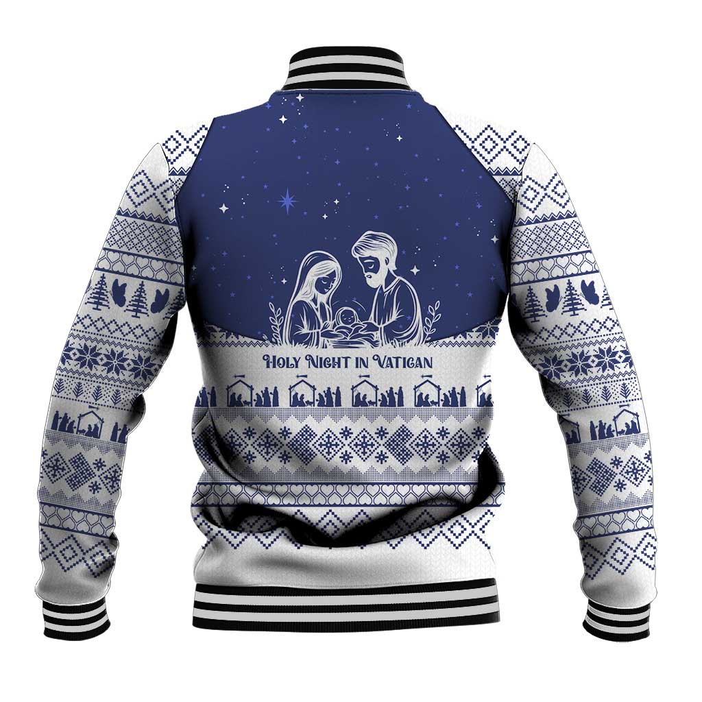 Vatican Christmas Baseball Jacket with Holy Family Nativity Scene Snowflake Pattern and Starry Night - Wonder Print Shop