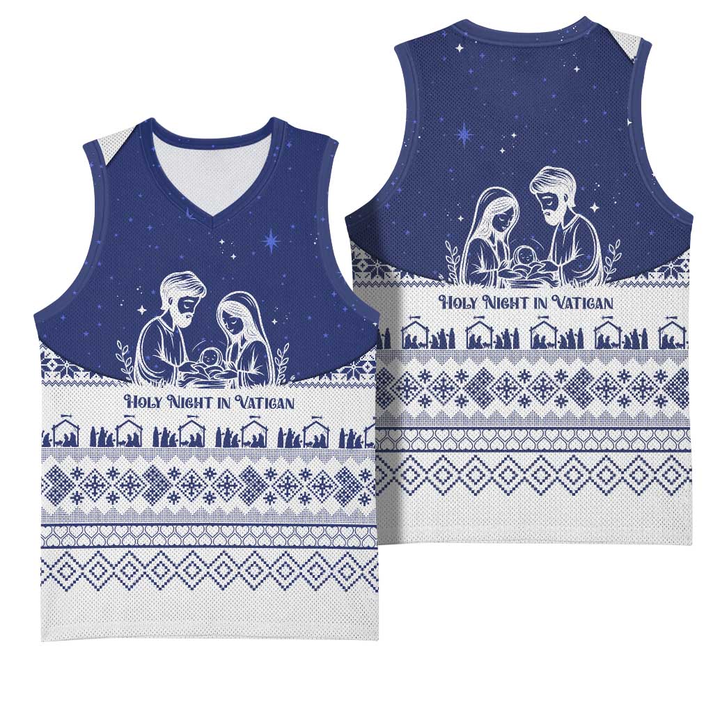 Vatican Christmas Basketball Jersey with Holy Family Nativity Scene Snowflake Pattern and Starry Night - Wonder Print Shop