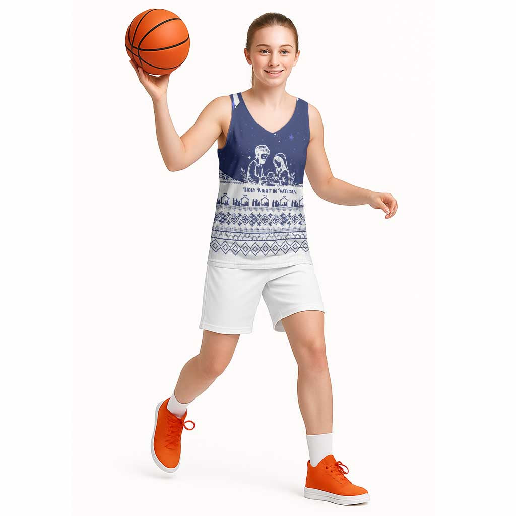 Vatican Christmas Basketball Jersey with Holy Family Nativity Scene Snowflake Pattern and Starry Night - Wonder Print Shop