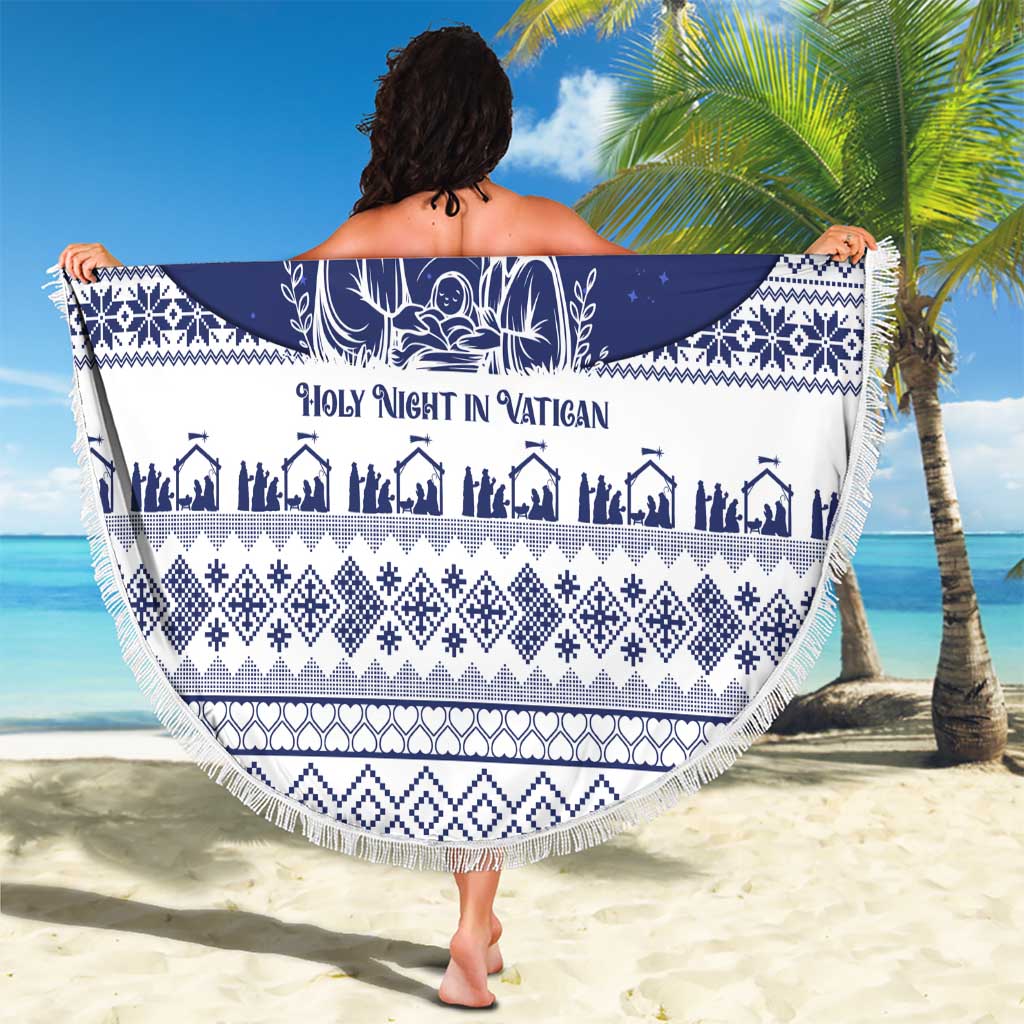 Vatican Christmas Beach Blanket with Holy Family Nativity Scene Snowflake Pattern and Starry Night - Wonder Print Shop