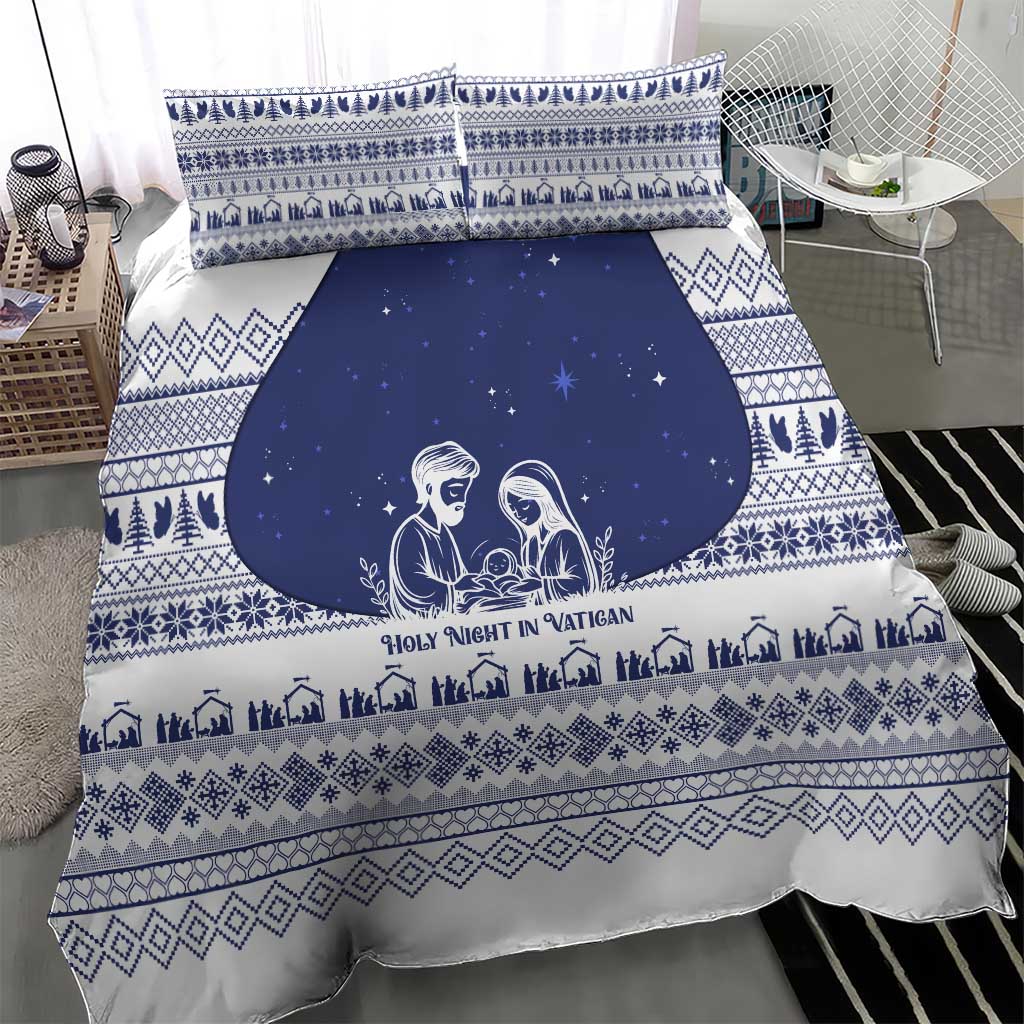 Vatican Christmas Bedding Set with Holy Family Nativity Scene Snowflake Pattern and Starry Night - Wonder Print Shop