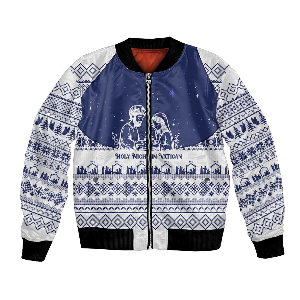 Vatican Christmas Bomber Jacket with Holy Family Nativity Scene Snowflake Pattern and Starry Night - Wonder Print Shop