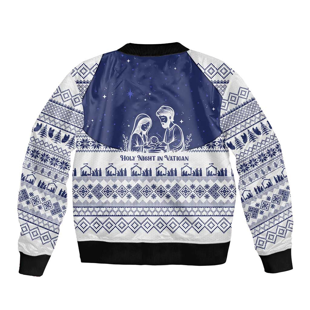 Vatican Christmas Bomber Jacket with Holy Family Nativity Scene Snowflake Pattern and Starry Night - Wonder Print Shop