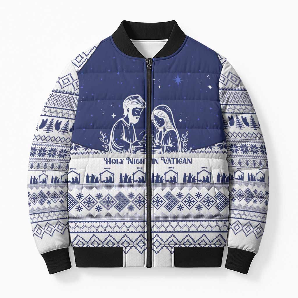 Vatican Christmas Bomber Puffer Jacket with Holy Family Nativity Scene Snowflake Pattern and Starry Night - Wonder Print Shop