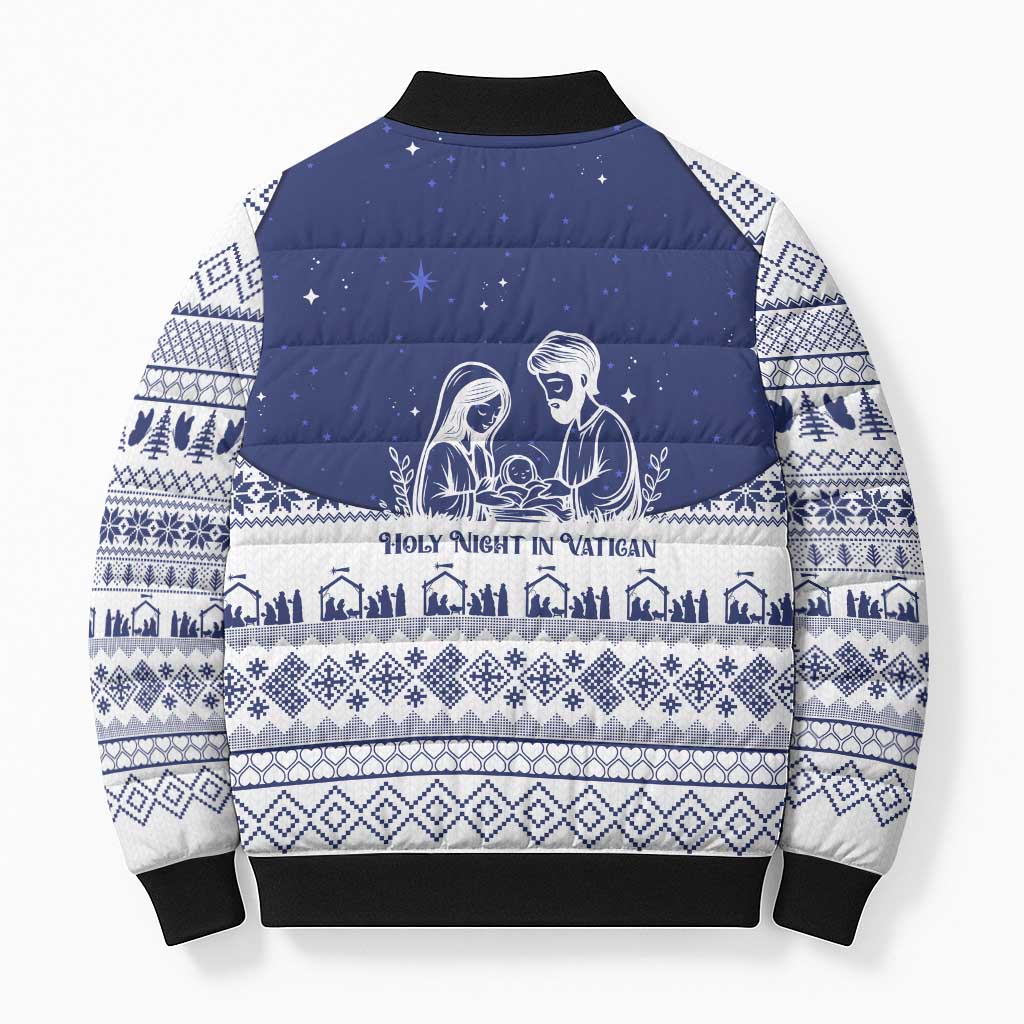 Vatican Christmas Bomber Puffer Jacket with Holy Family Nativity Scene Snowflake Pattern and Starry Night - Wonder Print Shop