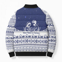 Vatican Christmas Bomber Puffer Jacket with Holy Family Nativity Scene Snowflake Pattern and Starry Night - Wonder Print Shop