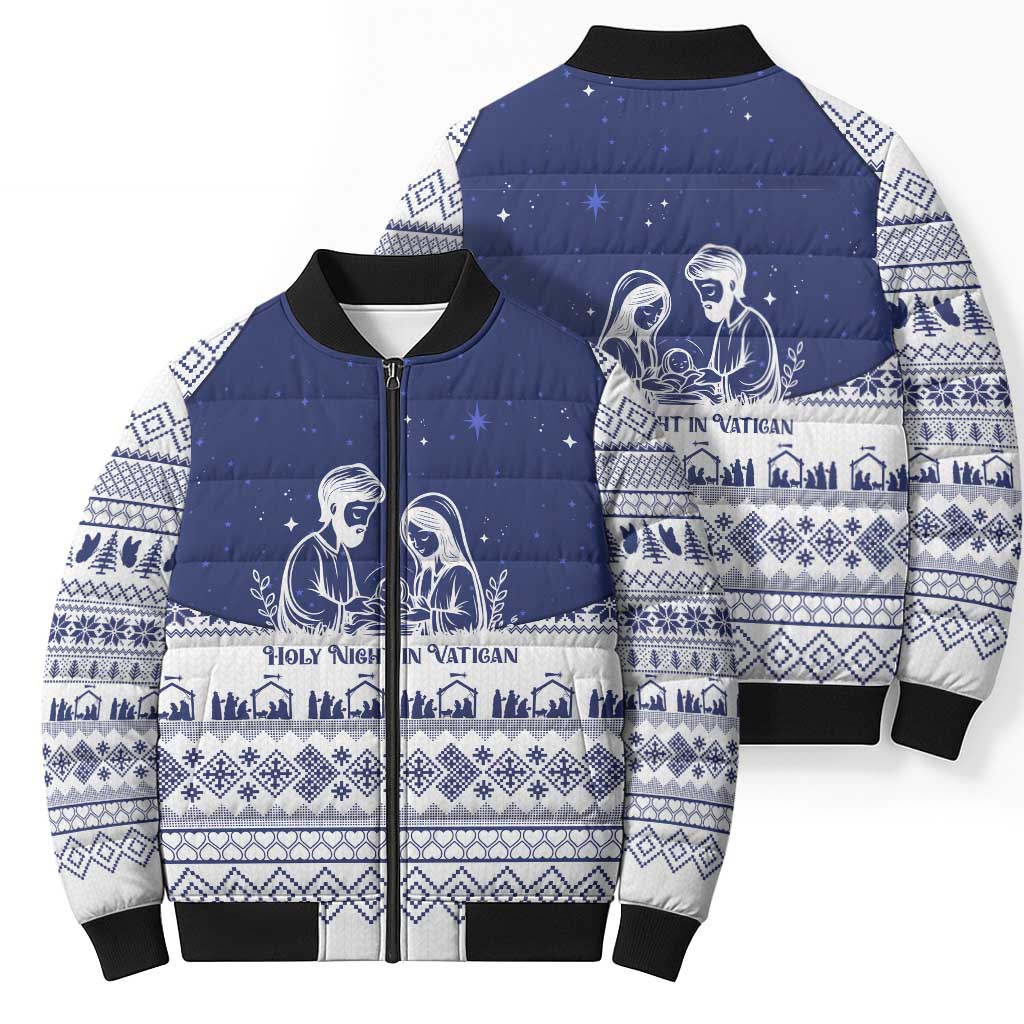 Vatican Christmas Bomber Puffer Jacket with Holy Family Nativity Scene Snowflake Pattern and Starry Night - Wonder Print Shop