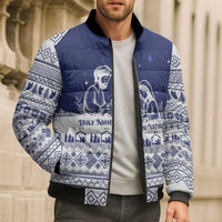 Vatican Christmas Bomber Puffer Jacket with Holy Family Nativity Scene Snowflake Pattern and Starry Night - Wonder Print Shop