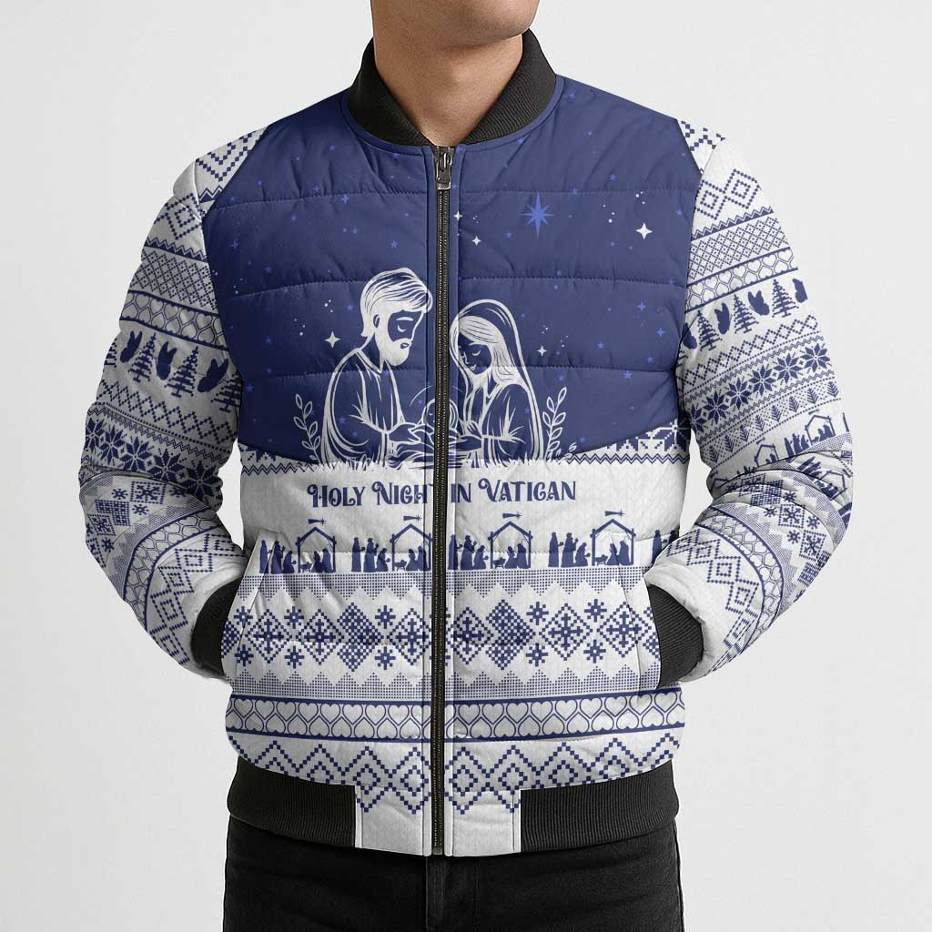 Vatican Christmas Bomber Puffer Jacket with Holy Family Nativity Scene Snowflake Pattern and Starry Night - Wonder Print Shop
