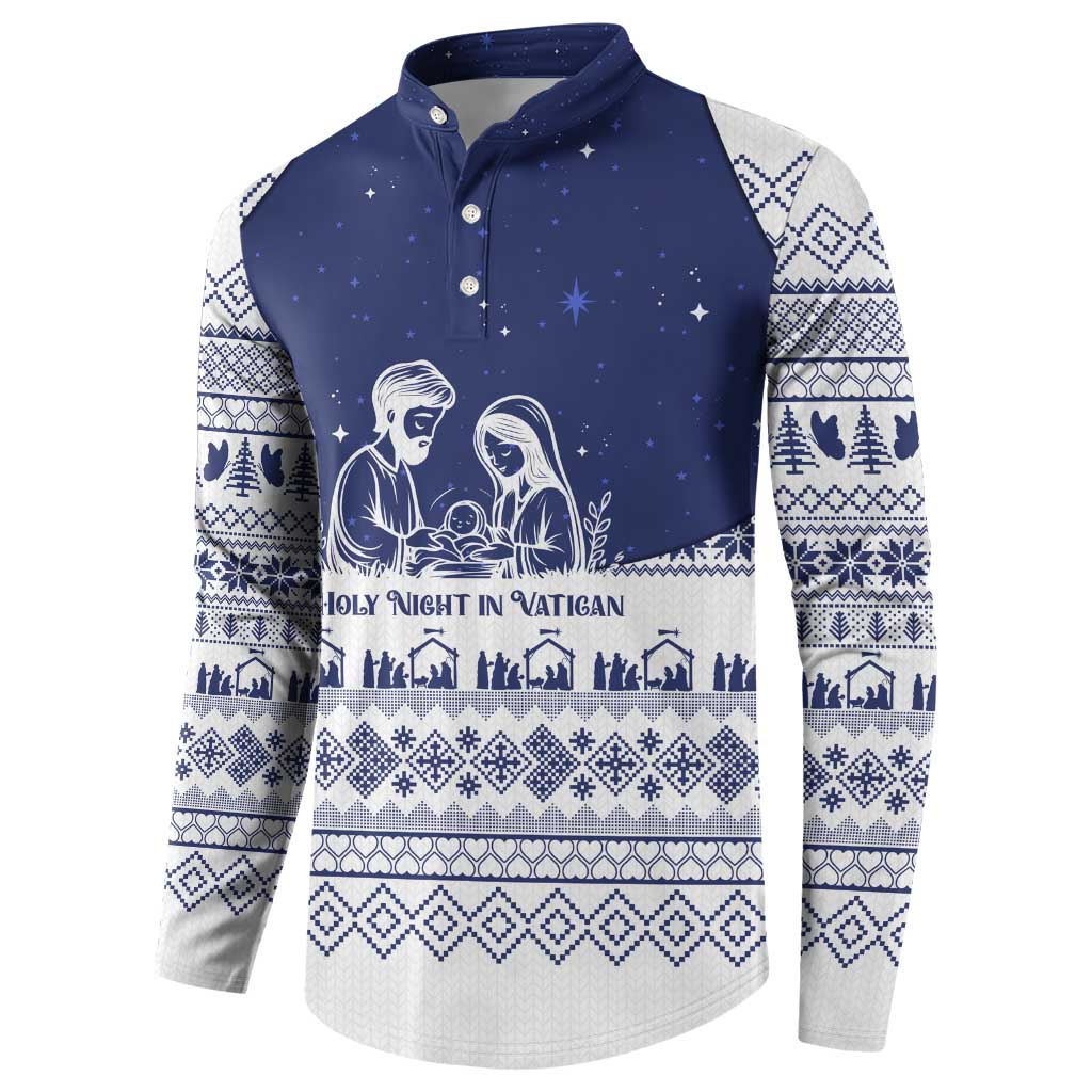 Vatican Christmas Button Sweatshirt with Holy Family Nativity Scene Snowflake Pattern and Starry Night - Wonder Print Shop