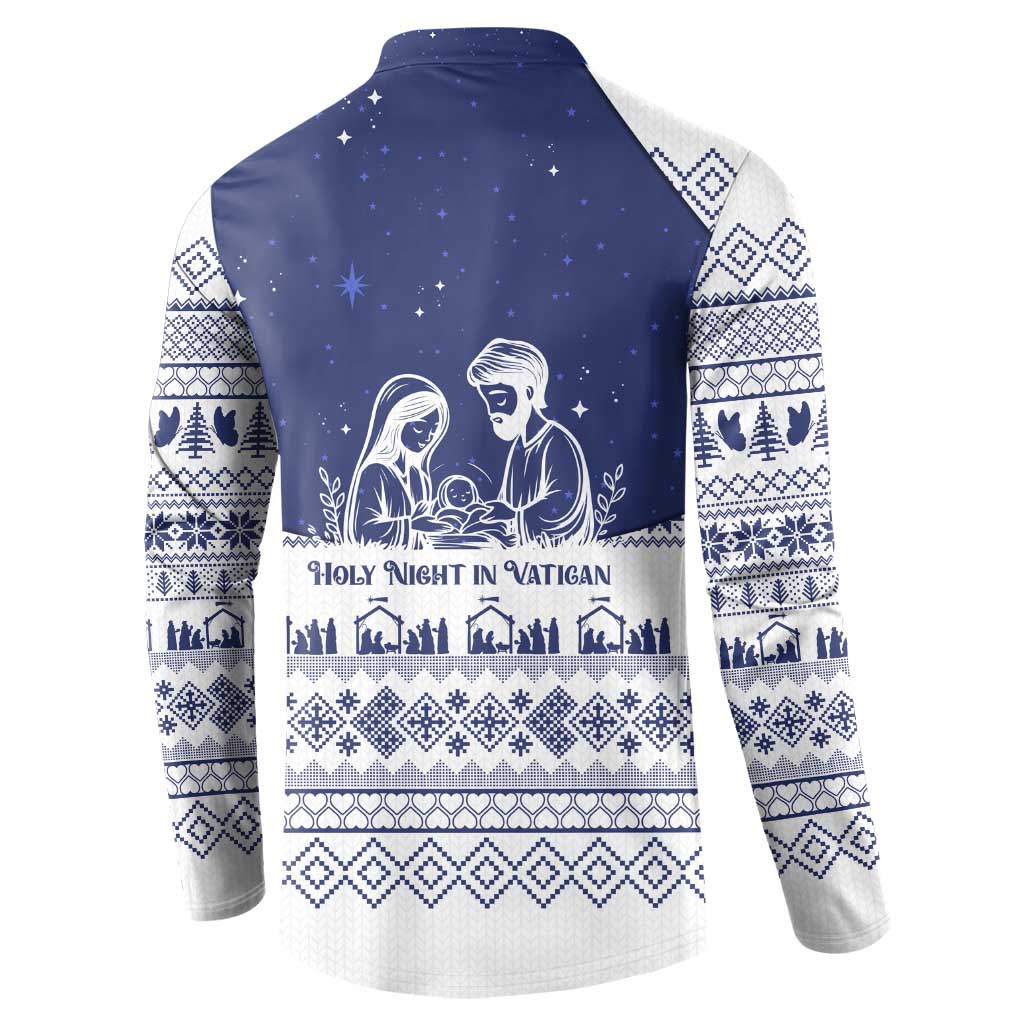Vatican Christmas Button Sweatshirt with Holy Family Nativity Scene Snowflake Pattern and Starry Night - Wonder Print Shop