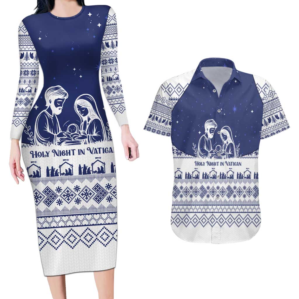 Vatican Christmas Couples Matching Long Sleeve Bodycon Dress and Hawaiian Shirt with Holy Family Nativity Scene Snowflake Pattern and Starry Night - Wonder Print Shop